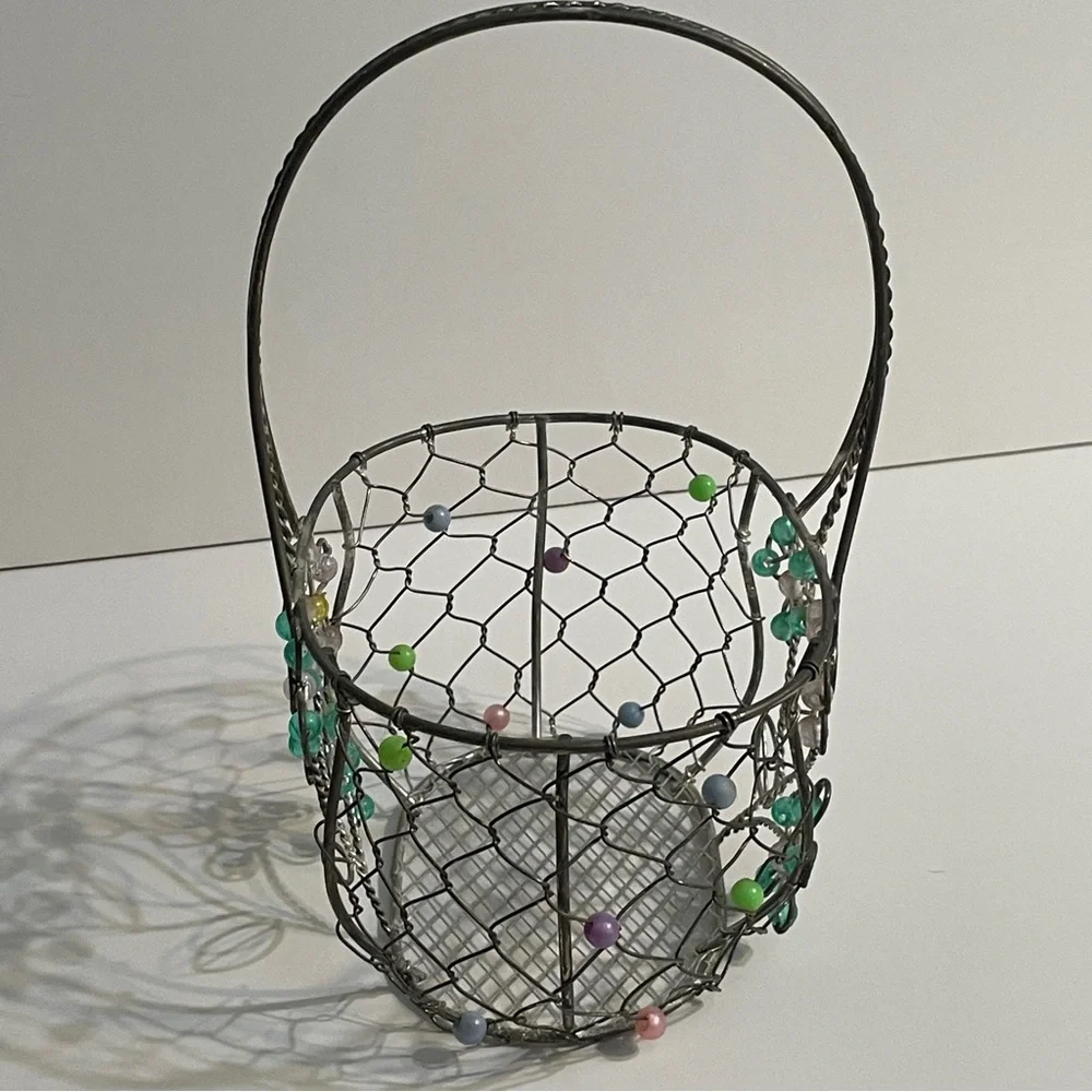 Vintage Metal Wire Basket, Pink & Green Beaded Daisies Flowers, silver tone